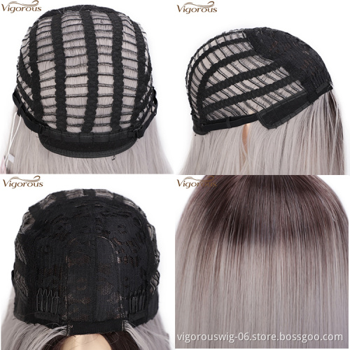 Vigorous Ombre Gray Long Silky Straight Middle Part Wigs Middle Part Synthetic Wig Heat Resistant Fiber Wig For Women